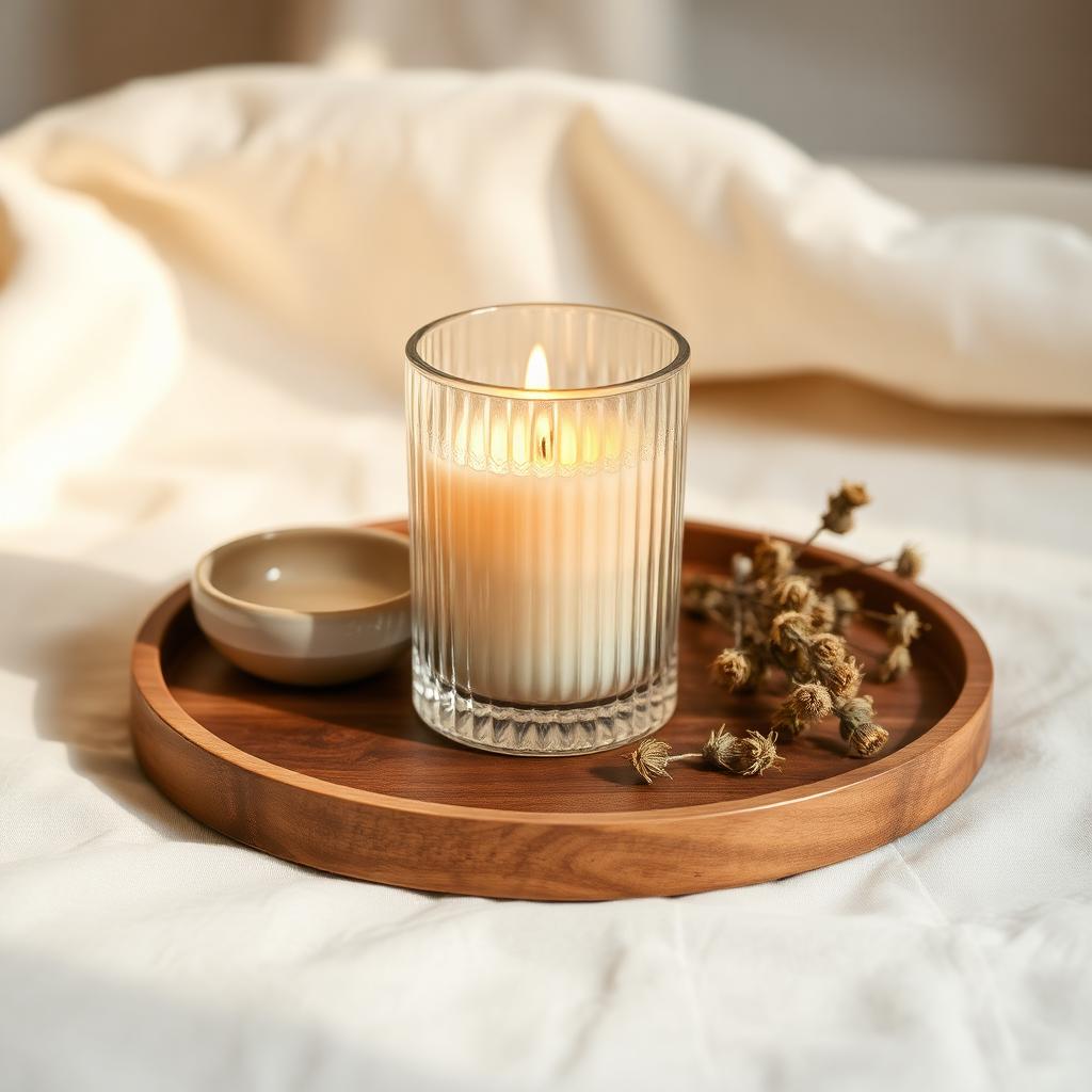 Lit candle on a wooden tray with dried botanicals