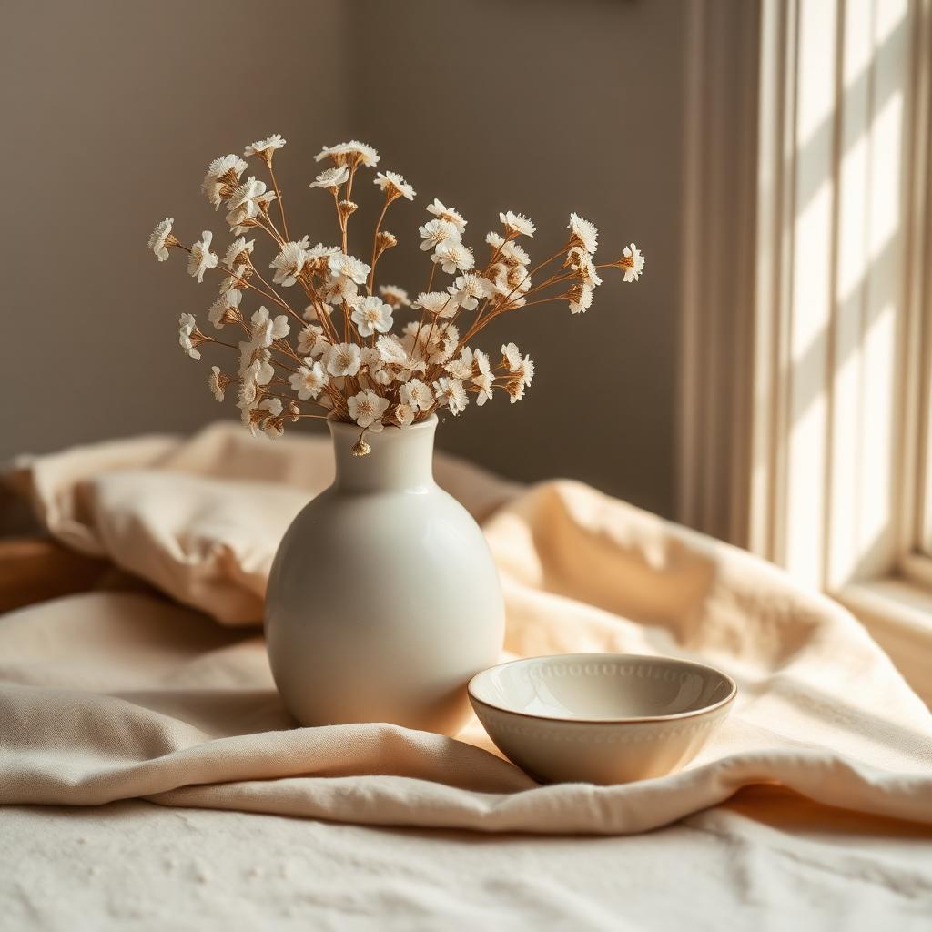 Ceramic vase with dried botanicals on warm linen